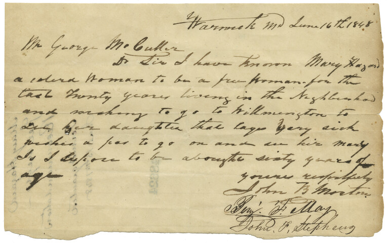 Recommendation for permit to Mary Hazard — 1848-06-16