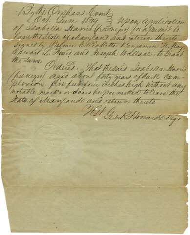 Permit for Isabella Harris to leave Maryland and return — 1849-10-10