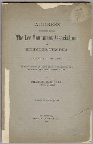 Cover page for the <em>Address delivered before the Lee Monument Association, at Richmond, Virginia, October 27th, 1887, on the occasion of laying the corner stone of the monument to General Robert E. Lee</em> — 1888