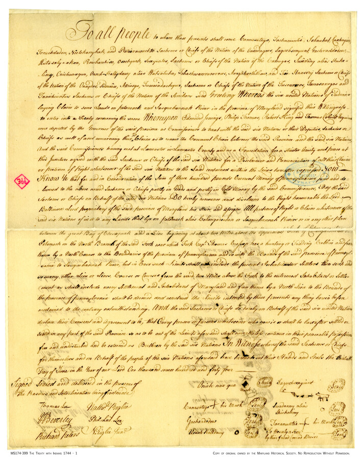 A treaty with the Six Nations concerning Potomac and Susquehanna lands.
