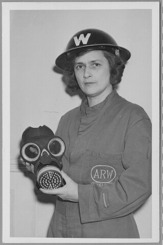 Lydia Howard de Roth with gas mask — undated