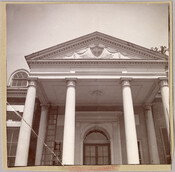 Detailed exterior view of the front entrance of the Homewood estate. Homewood was built between 1801 and 1806 as a country home for Charles Carroll, Jr., son of Charles Carroll of Carrollton who was a signer of the Declaration of Independence. The Federal-period Palladian home was in the Carroll family until purchased by merchant William…