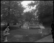 View of sculptures and a fountain on the grounds of Brooklandwood (or Brookland Wood), an historic home in the Brooklandville community of Baltimore County, Maryland. Built in the mid-1790s on land purchased by Charles Carroll of Carrollton, Brooklandwood became the country home of Richard and Mary Carroll Caton. The estate was later owned by prominent…