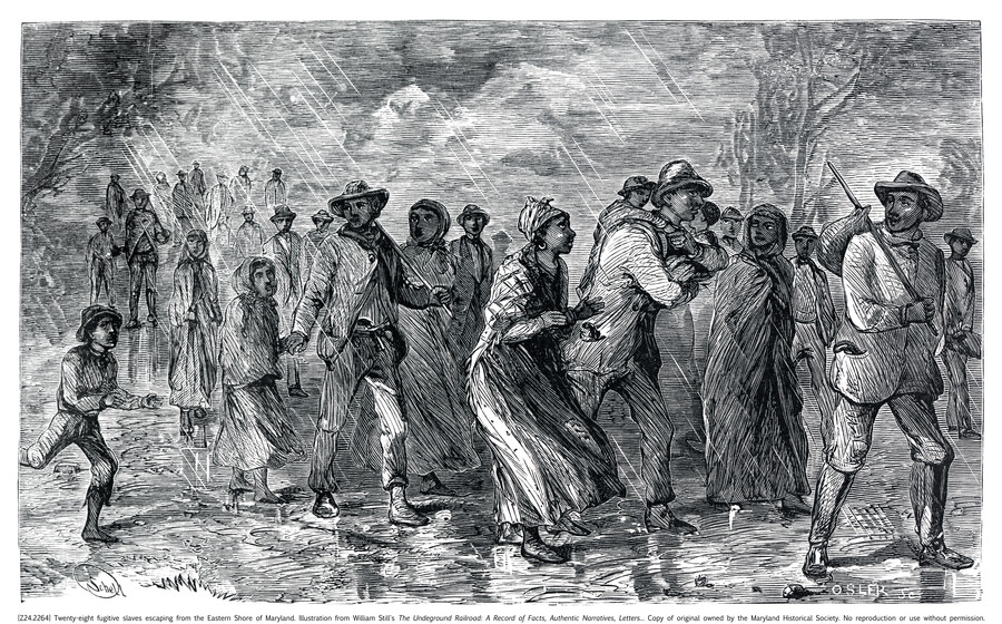 An illustration from William's Still's 1872 publication "The underground railroad: A record of facts, authentic narratives, letters, &c., narrating the hardships, hairbreadth escapes and death struggles of the slaves in their efforts for freedom / as related by themselves and others." The illustration is accompanied by the title "Twenty-eight fugitives escaping from the Eastern Shore…