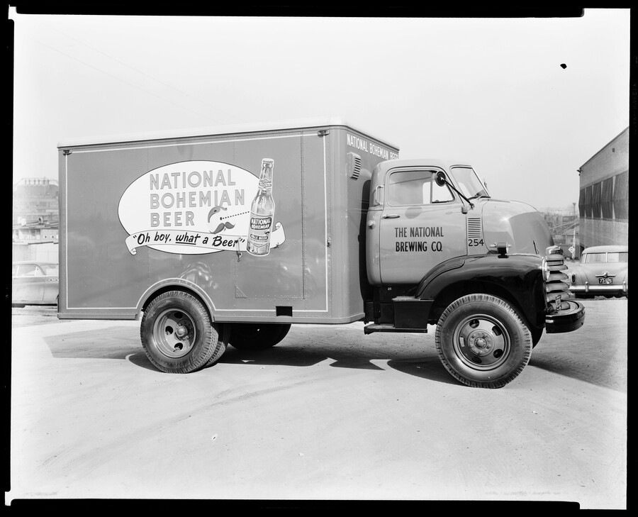 National Bohemian Beer Truck displaying the phrase, "Oh boy, what a beer", 1953.