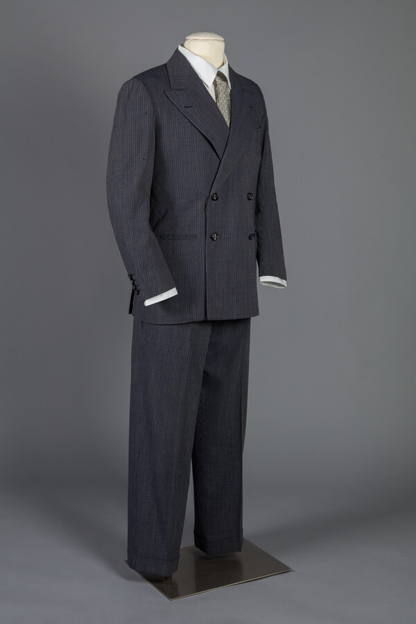 Man's navy pin-striped suit with Royal Yacht Squadron buttons. Worn by the Duke of Windsor, Edward VIII (1894-1972).