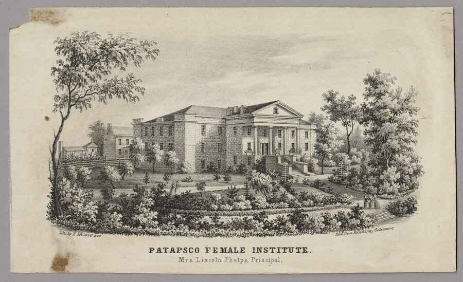 Print featuring a view of the Patapsco Female Institute, a girls' boarding school located on Church Road in Ellicott City, Maryland. The building was designed by architect Robert Cary Long (1810-1849) and built by Charles Timanus. The driving force behind the school was Almira Hart Lincoln Phelps (1793-1884), a scientist, educator, author, and editor who…