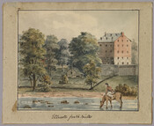 Painted sketch of a landscape in Ellicott City, Maryland, showing a multi-story brick mill building to the right of the composition. A smaller wooden building surrounded by large trees is seen in the middle ground. A horse with a rider drinks water from the river in the foreground.