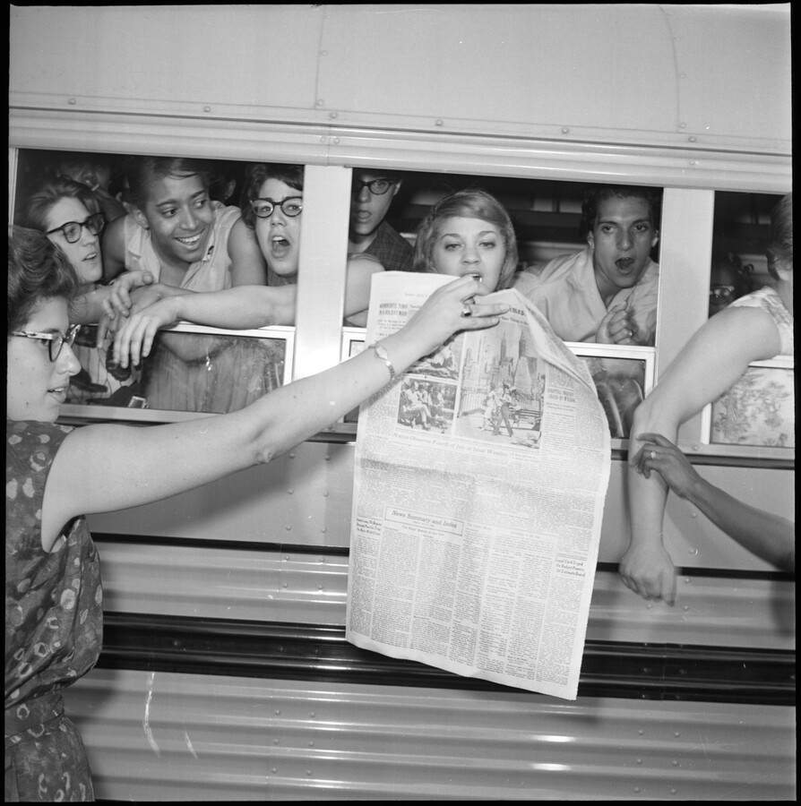 Young people in a school bus during a protest at the Gwynn Oak Amusement Park in Baltimore County, Maryland, on July 4, 1963. Civil rights demonstrators and activists from Washington, D.C.; Philadelphia, Pennsylvania; and Baltimore City, joined together to protest the park's segregation policies and refusal to admit African Americans. Protests related to integration had…