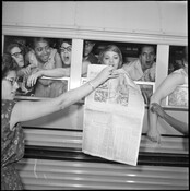 Young people in a school bus during a protest at the Gwynn Oak Amusement Park in Baltimore County, Maryland, on July 4, 1963. Civil rights demonstrators and activists from Washington, D.C.; Philadelphia, Pennsylvania; and Baltimore City, joined together to protest the park's segregation policies and refusal to admit African Americans. Protests related to integration had…