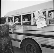 Young people in a school bus marked "Freedom Now" during a protest at the Gwynn Oak Amusement Park in Baltimore County, Maryland, on July 4, 1963. Civil rights demonstrators and activists from Washington, D.C.; Philadelphia, Pennsylvania; and Baltimore City, joined together to protest the park's segregation policies and refusal to admit African Americans. Protests related…