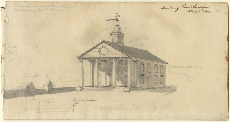 This drawing features a courthouse with a portico, gabled roof, and a steeple. A fence is sketched in ink wash to the left of the composition. Built in 1811, the courthouse was the site of a small skirmish during the Civil War and was replaced around 1888.