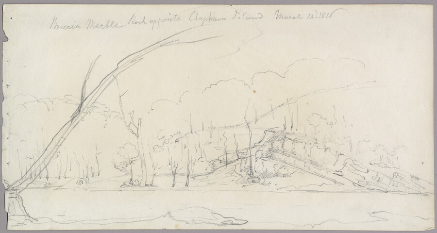Landscape sketch in pencil. A large bare branch extends from the bottom left corner to the center top of the composition in the foreground. A rocky, tree-filled landscape is seen in the background across the river. The Clapham family of Loudon County, Virginia were active in farming, quarrying, and canal work for generations. In 1815,…