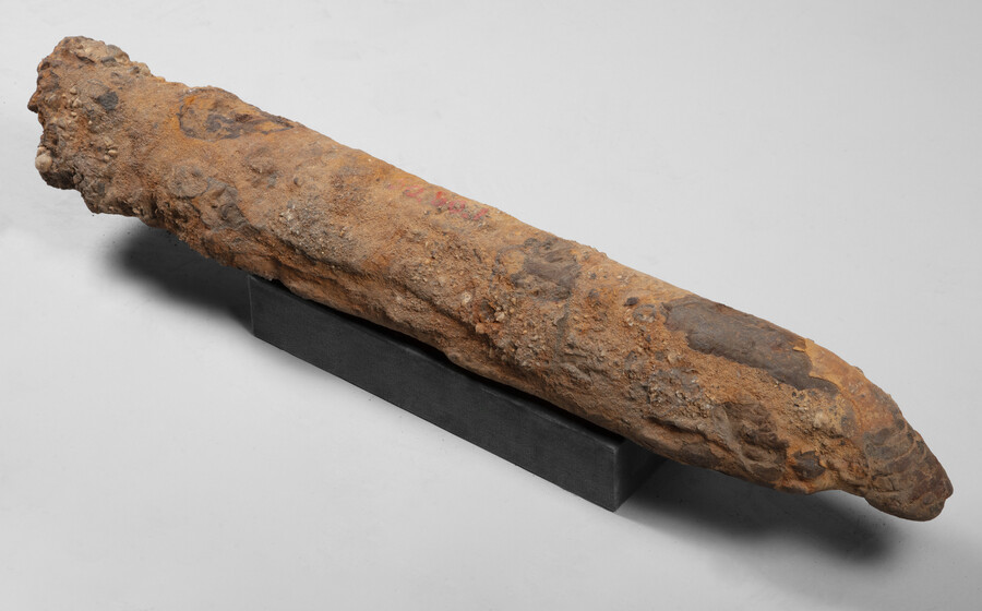 One of two bars of pig iron made at Nottingham Forge in White Marsh, Maryland. Largely corroded and covered in rust, it was originally stamped "Nottingham Co y 1753."