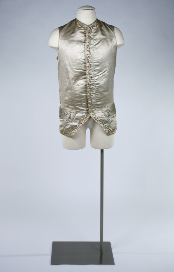 Ivory silk satin waistcoat embroidered at trim and pockets by Anne Brooke (b.1763). Worn by William Hammond Dorsey (1764-1819) at his wedding to Brooke in March of 1790.