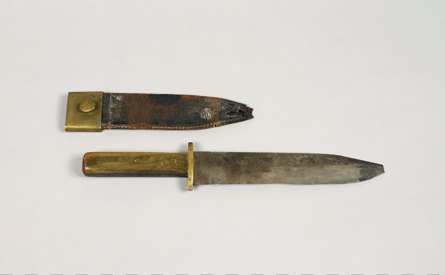 This Bowie knife with wooden handle and brass guard is stored in a brass and leather sheath. It was owned and carried by Colonel Harry Gilmor (1838-1883), a confederate cavalry officer during the Civil War. Arrested at the beginning of the war following activities in the Pratt Street Riots, Gilmor became one of the most…