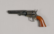 1860 Colt Model 1849 Pocket Revolver .31 Caliber with stagecoach scene on the cylinder. Serial number 173665. Inscribed Baltimore City Police. This weapon was the sidearm of officers serving under Police Mashall George P. Kane during the Pratt St. Riot, April 19th, 1861. Later belonged to the family shipbuilding firm C. Reeder and Sons.