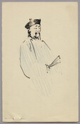 A pen and ink drawing on one sheet of paper of an Asian man in a hat, holding a fan.