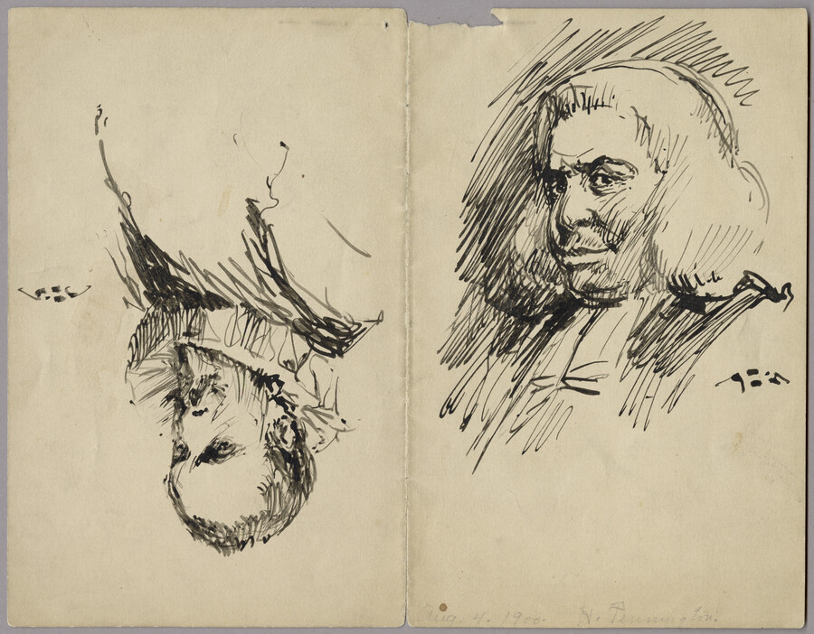 Two pen and ink drawings of bust portraits on one sheet of paper in opposite orientations. One sketch shows a man with short, dark hair wearing a lace jabot or ruff. The portrait next to it shows a man wearing a wig. The artist signed both sketches "HP."