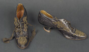 Ladies' leather shoes with decorative bronze beading, narrow toe, and low Louis heel. Worn for the wedding of Priscilla Paca (1867-c.1920) to Oliver O'Donnell Hoblitzell (1863-1921).