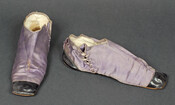 Ladies' purple silk satin slipper with patent leather toe and heel. Laces up on interior side. Lined with white linen.