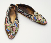 Ladies' brown sheepskin moccasin with stylized beaded floral design on toe and geometric zig-zag pattern on sides of shoe. Shoes have pointed toe and are bound with satin. Belonged to Mrs. J Edward Bird Sr (nee Amelia Jane Cobb, 1829-1886).