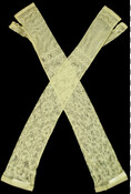 Pair of ladies' pale green silk lace fingerless mitts with thumb holes. Likely used as a costume as the donor owned a costume shop.