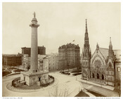 View looking northwest from an upper floor of the Peabody Institute at 1-17 East Mount Vernon Place in Baltimore, Maryland. Washington Monument is at left center, Mount Vernon Place United Methodist Church is at right center, north side of West Mount Vernon Place is at left rear, and the Safford Hotel at 720 North Charles…