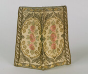 White satin and net card case embroidered with central rose motif and surrounded by metallic scrollwork. Belonged to the family of Camilla Donaldson Duncan (b. 1848), granddaughter of Dr. John Beale Davidge (1768-1829), who founded the College of Medicine at the University of Maryland in 1807.