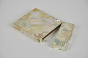 Card case with design of diamond-shaped tiles of mother of pearl. Opens at top. Engraved with the initials, "JAA."