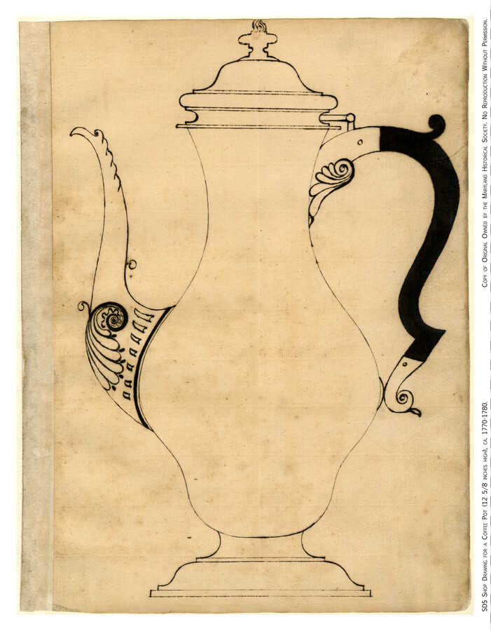 Drawn design for a double-bellied silver coffee pot.