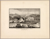 Print featuring a view of Ellicott's Upper Mills, on the Patapsco River in Maryland, as it was in 1781. The mills were built by Joseph Ellicott in 1775.