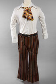 1970s themed ensemble consisting of a white, long-sleeved button-up shirt with a wide collar (a), a white, brown, yellow, and orange patterned ascot (c), striped corduroy pants in the same colors (b), and a black leather belt (d). This ensemble was worn as a costume during the donor's drag king performances in Baltimore under the…