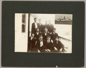 Group portrait of 11 crew members aboard the deck of the steamship "Susquehanna." Owned by the Tolchester Steamship Company, this steamer served the Susquehanna communities of Port Deposit and Havre de Grace in Maryland. A small image of the ship is attached in the top right corner. Verso transcription: Capt. Karin
