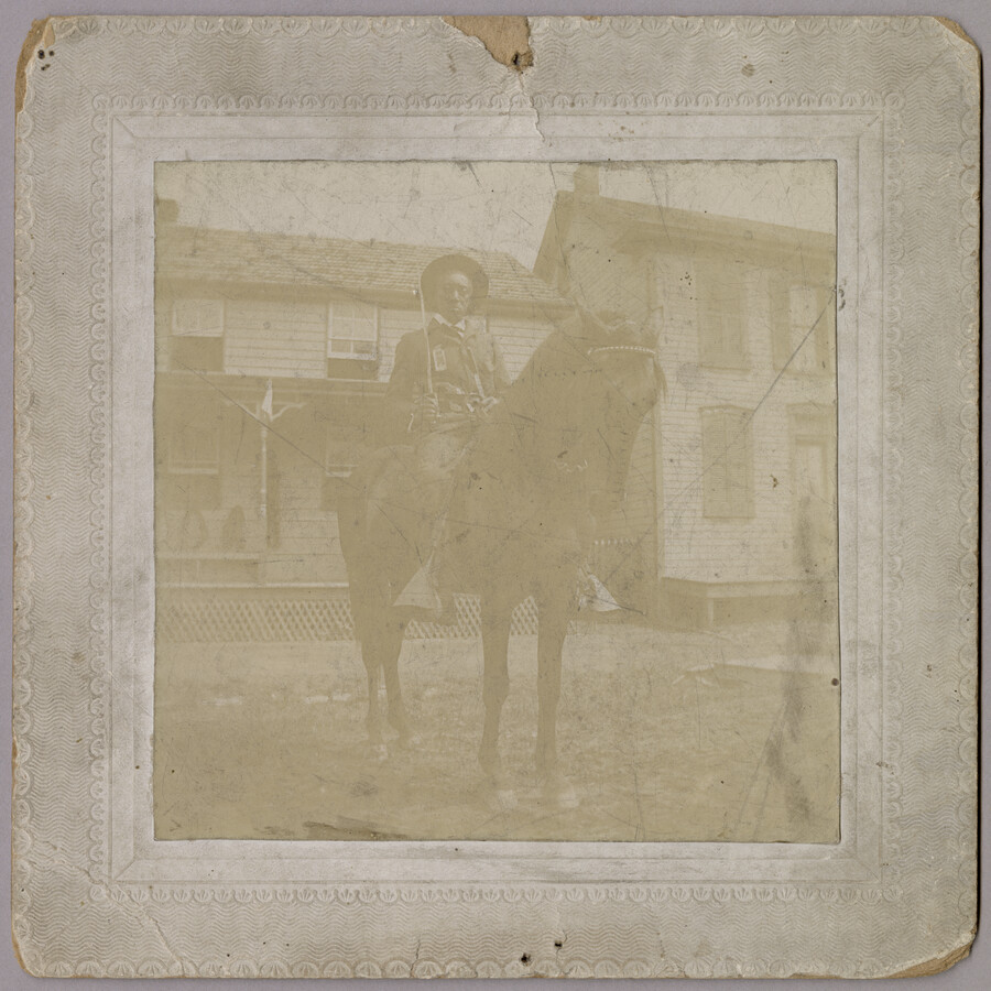 A portrait of Union Army veteran Joshua W. Baker (1837-1909) seated on a horse and holding a saber, possibly at a Fourth of July celebration. Born into slavery, Baker served in the 39th United States Colored Infantry Regiment, which participated in the Siege of Petersburg and the capture of Fort Fisher. After the Civil War,…
