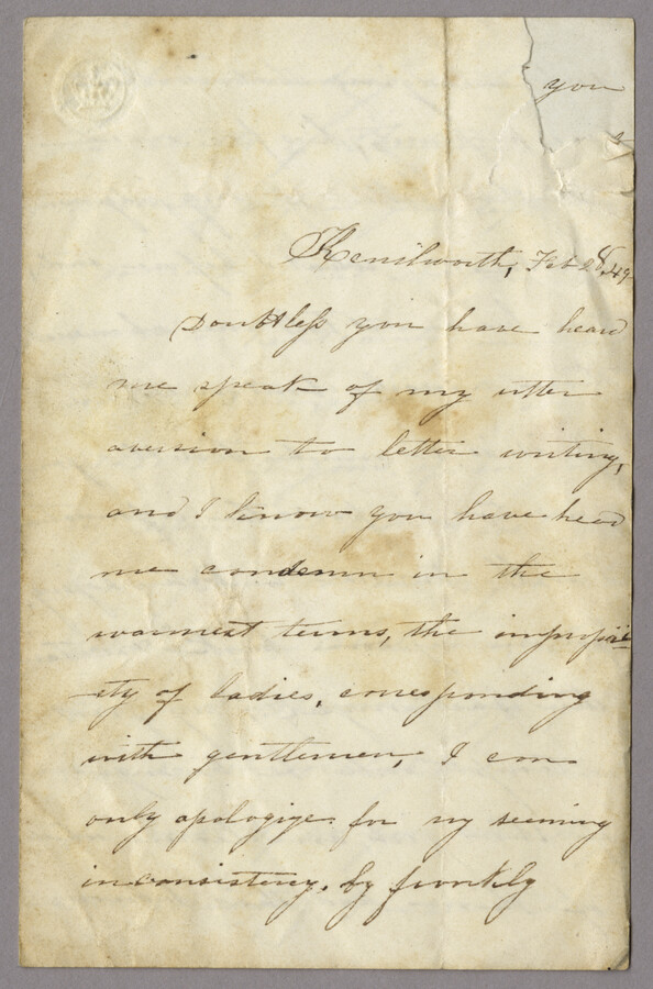 Written by Virginia Stephenson, to an undisclosed recipient, probably a member of the Barroll family. Stephenson enquires about the girls in Chestertown, and mentions noticing John Leeds Barroll of Kent County featured in the Sun. She enquires whether the mention in the Sun is a relation of the recipient, and was glad to see Chestertown…