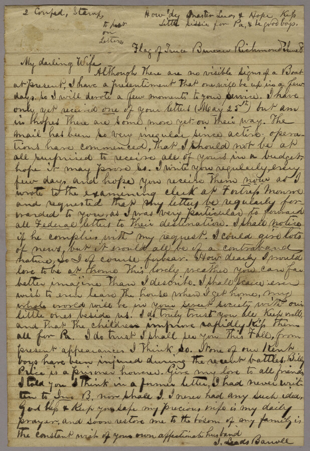 John Leeds Barroll to his wife Elleonora Barroll via the Flag of Truce from Richmond, Virginia. He discusses how he misses his family and how he hopes to return home soon. Mentions that many Kent County boys were injured in recent battles. John Leeds Barroll was in the Confederate capitol of Richmond, Virginia after publishing…