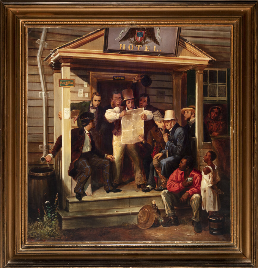 Oil on canvas painting of "War News From Mexico", c. 1870, by an unknown artist, after Richard Caton Woodville, Sr. (1825-1855). This genre-scene depicts a variety of everyday Americans, including immigrants, men, women, children, and African Americans, and their reactions to the man reading from the newspaper on the steps of a hotel. The Mexican-American…