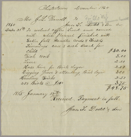 Dodd & Son receipt to Elleonora Barroll — 1864-12-26
