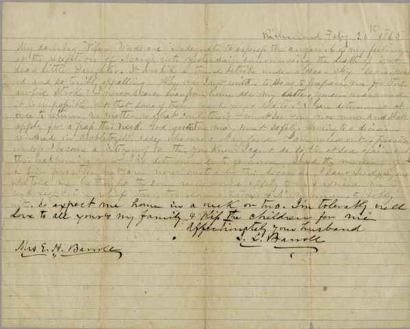 John Leeds Barroll letter to Elleonora Barroll — 1865-02-20