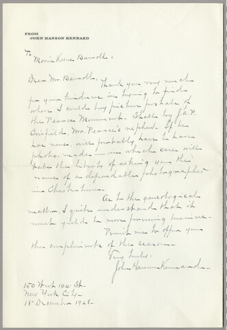 John Hanson Kennard letter to Morris Barroll — 1928-12-18