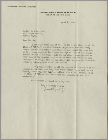 Thomas H. Young letter to Morris Barroll — 1927-04-04
