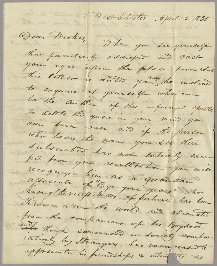 Robert B. Dodson, an old associate, to Simon A. Wickes. Dodson discusses Chestertown and Washington College. Simon A. Wickes was a local of Chestertown, Maryland.