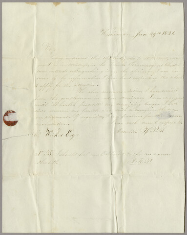 Amelia Polk letter to Joseph Wickes — 1832-01-29