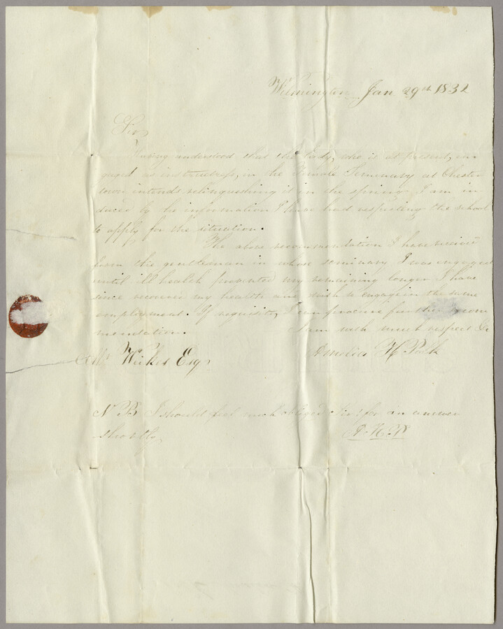 Amelia Polk writing to Joseph Wickes in Chestertown, Maryland. Polk expresses desire to apply for a position to instruct the female seminary at Chestertown. Joseph Wickes was a lawyer in Chestertown, Maryland in the mid-19th century.
