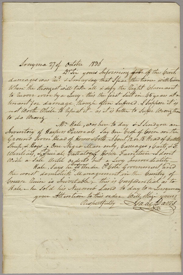 Isaac Davis to Joseph Wickes, discussing a legal case. The possessions connected to the case are listed, and include an individual the client had enslaved. Joseph Wickes was a lawyer in Chestertown, Maryland.