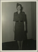 A model wearing a civil defense uniform designed by the Frederick, Maryland, fashion designer Claire McCardell during World War II.