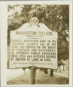Historical marker located at the intersection of Washington Avenue and Brown Street on the Washington College campus in Chestertown, Maryland. Erected by the Society for the Preservation of Maryland Antiquities, the sign describes the founding of the college in 1782 and its connection to President George Washington.