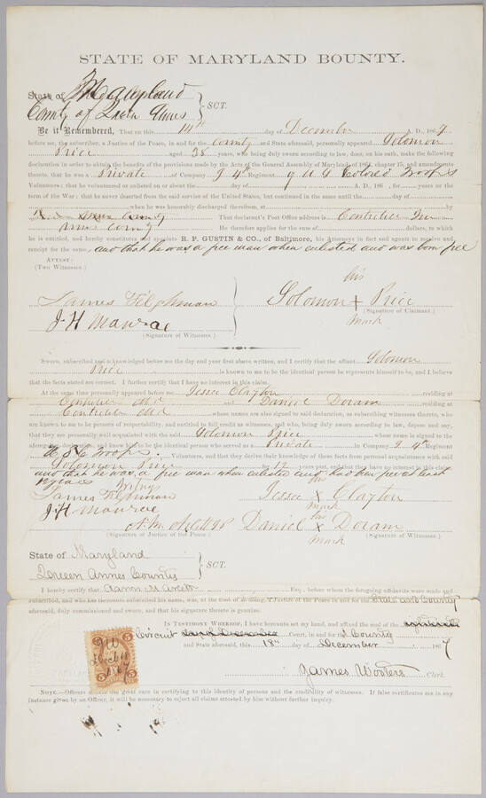 A state of Maryland bounty application signed by Solomon Price, a private in the 14th Regiment of U. S. Colored Troops. The sum of the bounty is left blank on the form, but the verso states that it was for $300. The document attests that Price "was a free man when he enlisted and had…