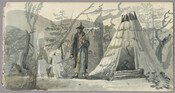 Watercolor sketch of a man identified as a collier or coal miner, a woman, and a child on Sugarloaf Mountain in Frederick County, Maryland. The man's clothing features many patches, and he holds a rifle and large rake. The woman carries a basket on top of her head and the child looks up at her.…